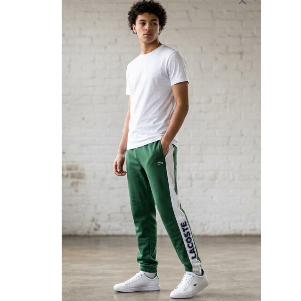 Lacoste Sport Fleece Sweatpants Men 4XL Green White Side Stripe Logo Joggers NEW